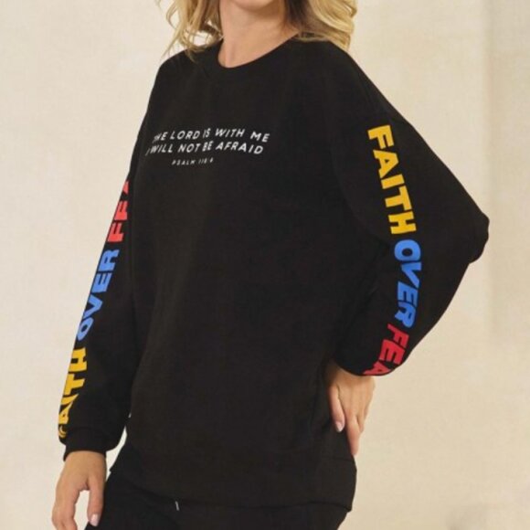 Sweaters - Women’s Faith Over Fear Scuba Pullover Sweatshirt | Crew Neck Relaxed Fit Long